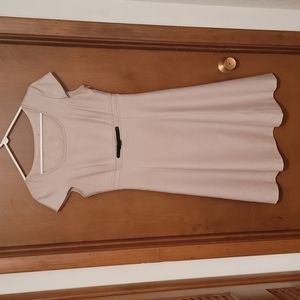 Adorable neutral colored work dress with contrasting stitching & leather detail